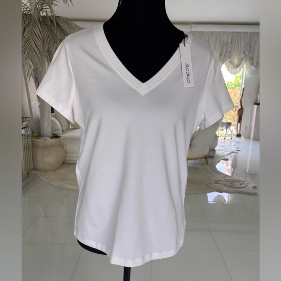 Chicos Classic White V-Neck Cap Sleeve Women's Top Size O/-Small - Picture 5 of 8